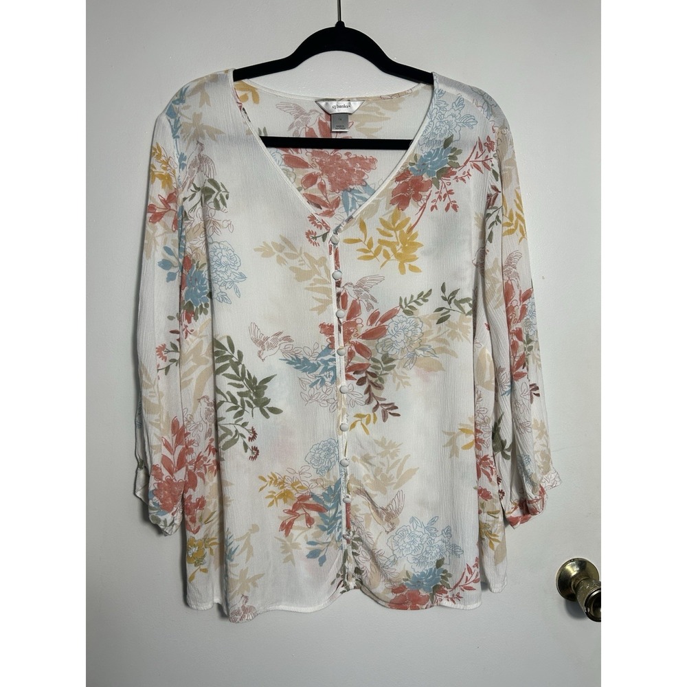 CJ Banks Blouse 1X‎ Floral Birds Rayon Button Front V-Neck 3/4 Sleeve Top Cream